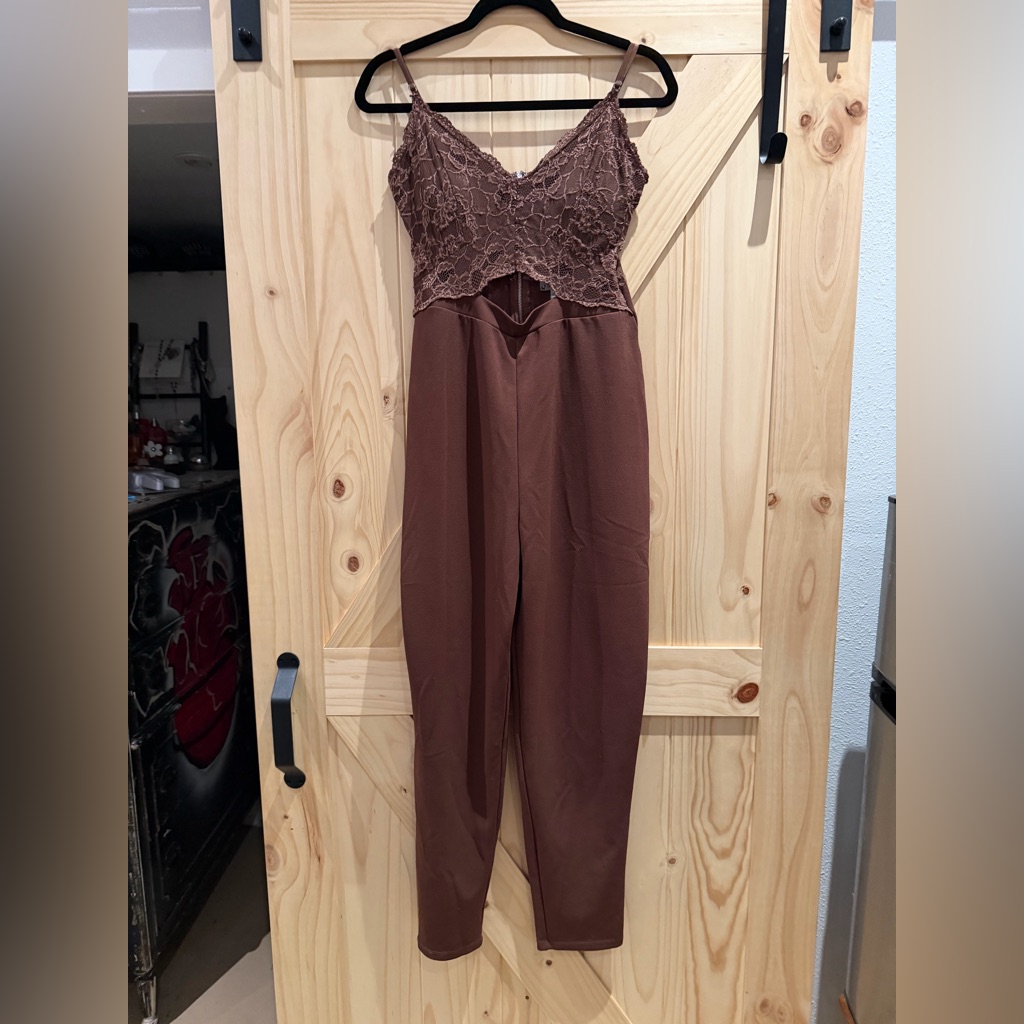 J Is For Justice Brown Lace Key Hole Top Jumpsuit